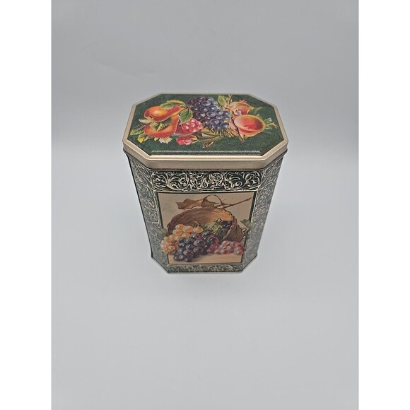 Vintage Hexagon Shaped Cookie Candy Storage Tin with Fruit Design - Picture 11 of 12